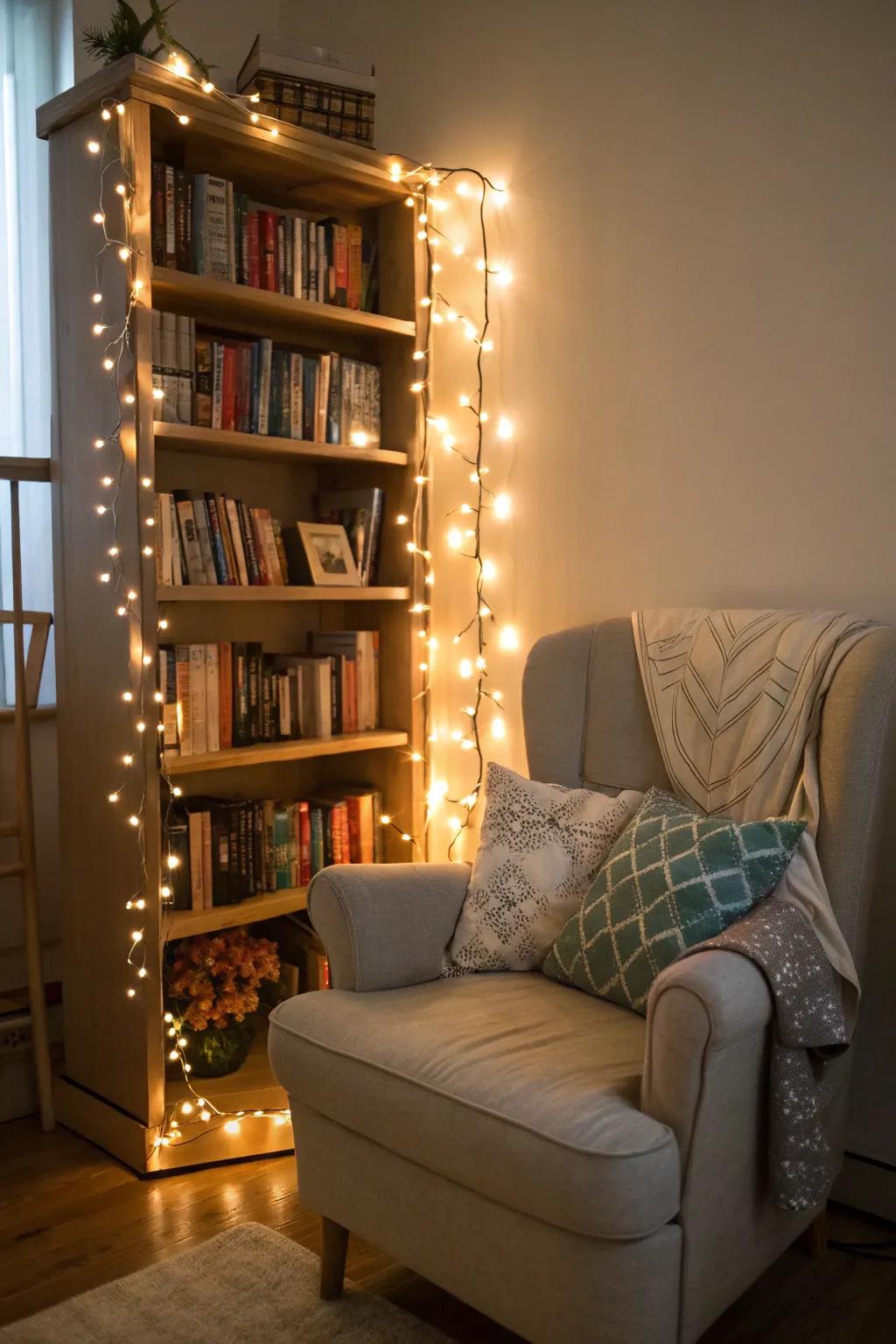 A reading area with sparkle lights looped around a bookshelf.