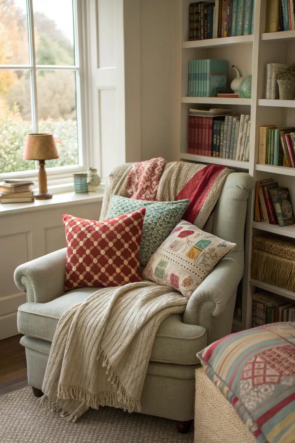 A colorful mix of pillows and throws transform this reading nook into a haven of comfort.