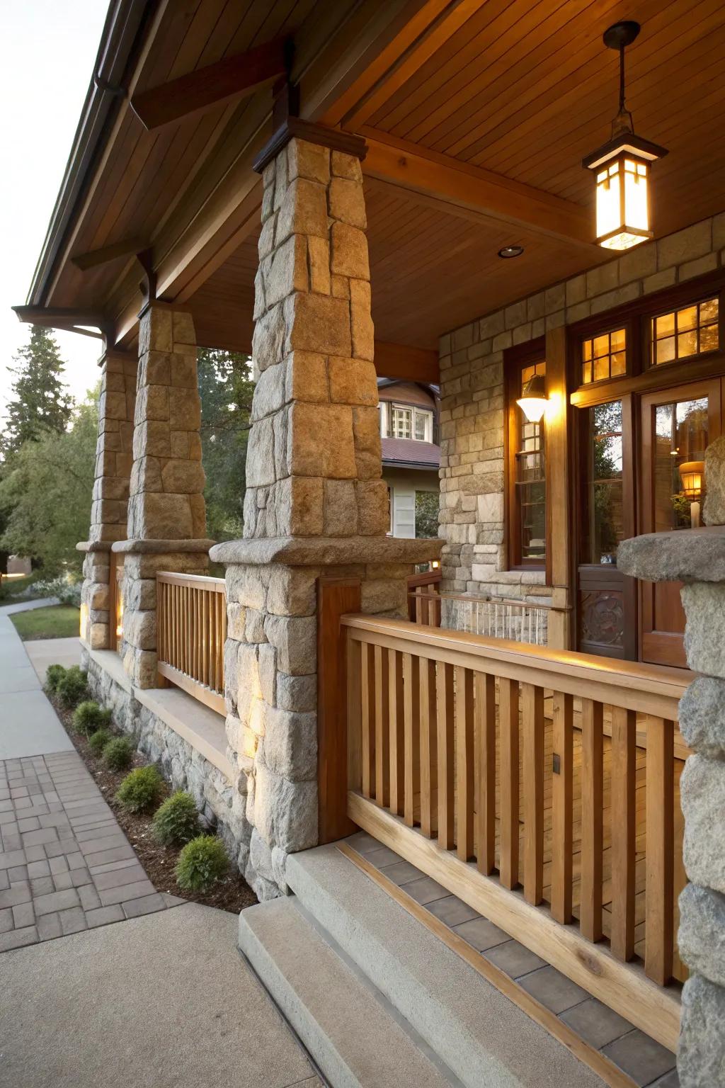 Rock and timber create a harmonious Craftsman patio aesthetic.