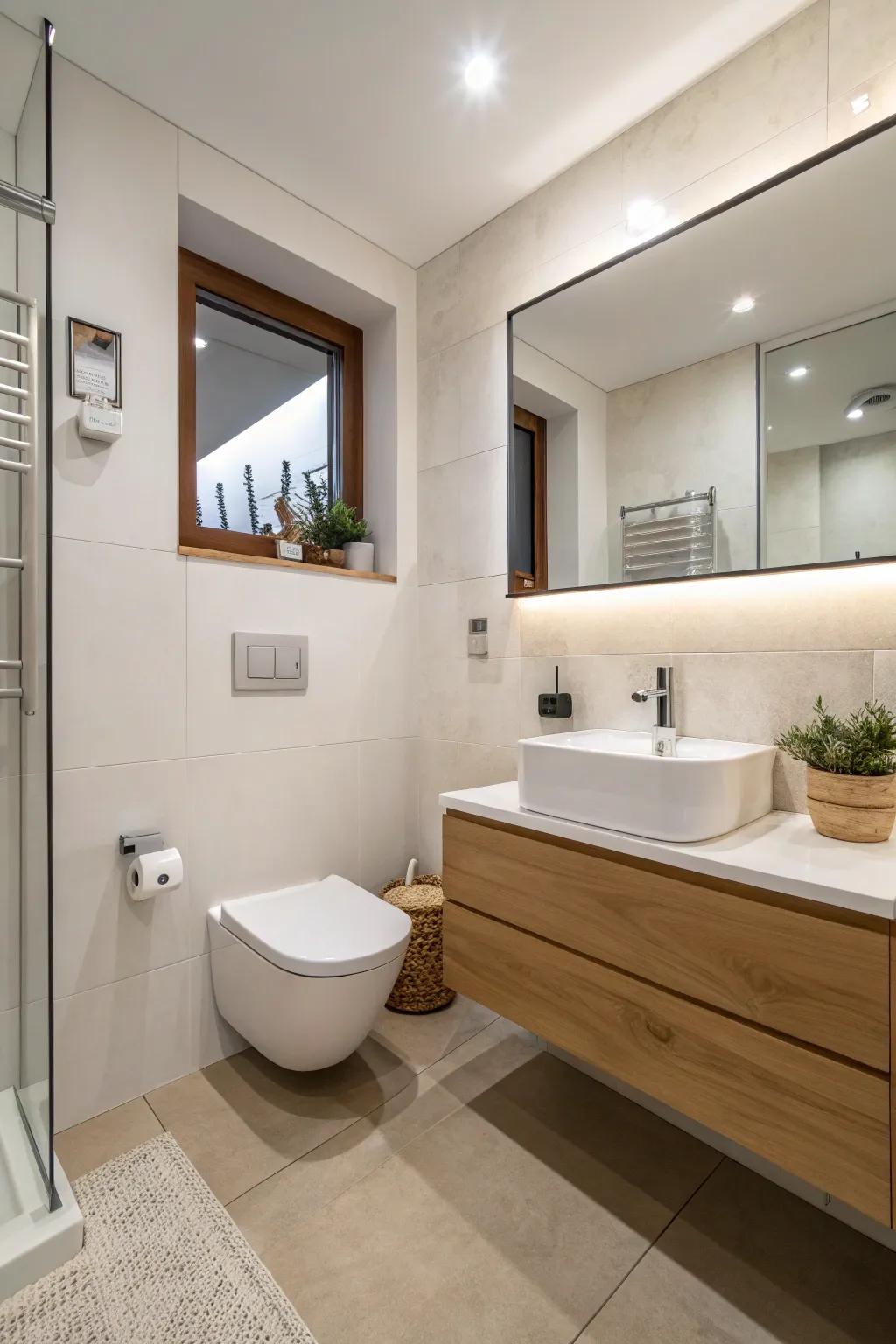 A bathroom equipped with floating fixtures, enhancing a sense of spaciousness.