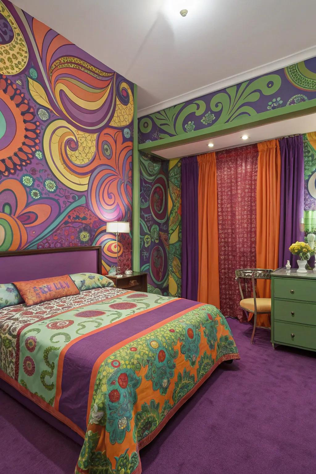 A psychedelic bedroom bursting with bold colors and retro patterns.