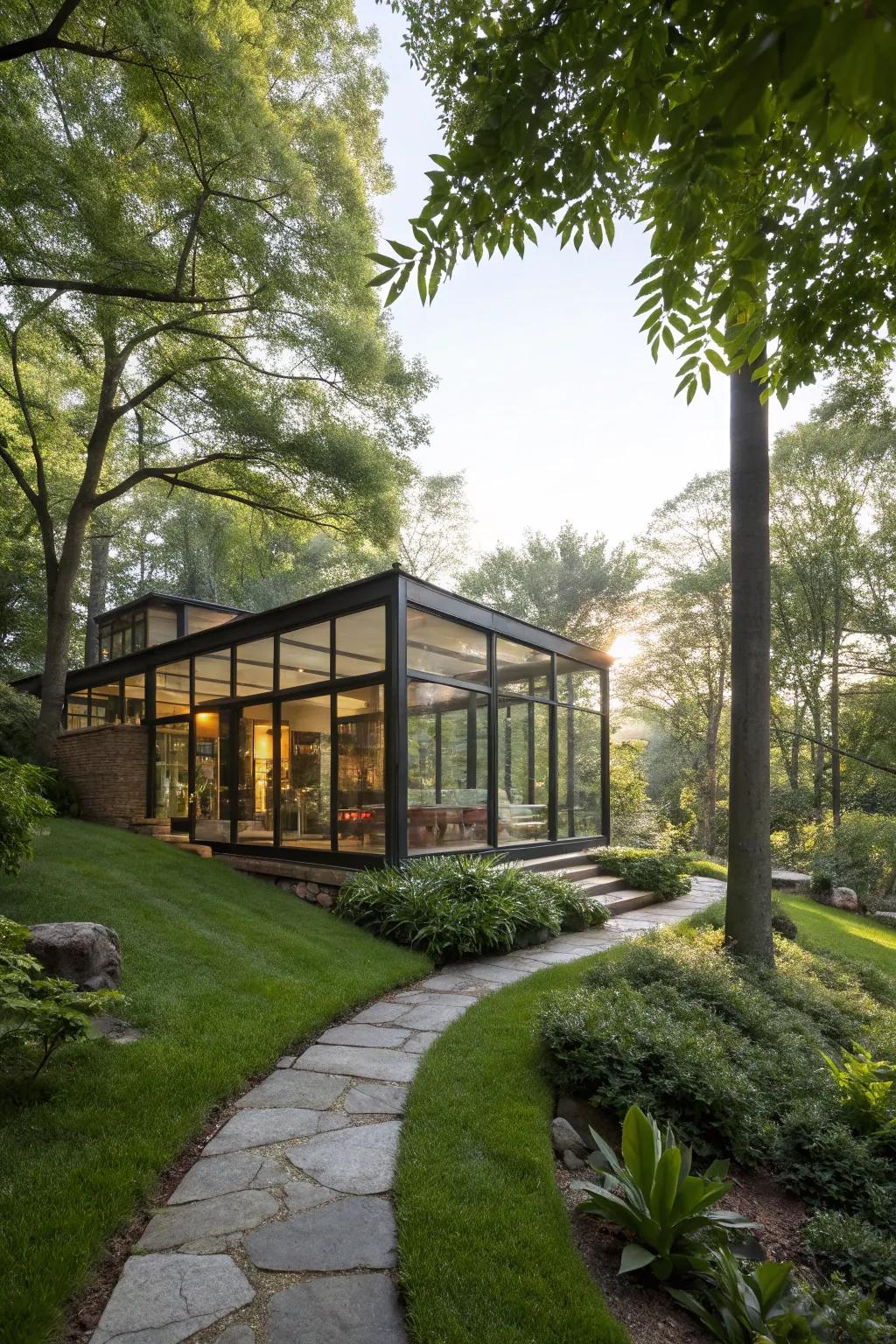A glass-encased home offering stunning vistas and a profound connection to the natural world.