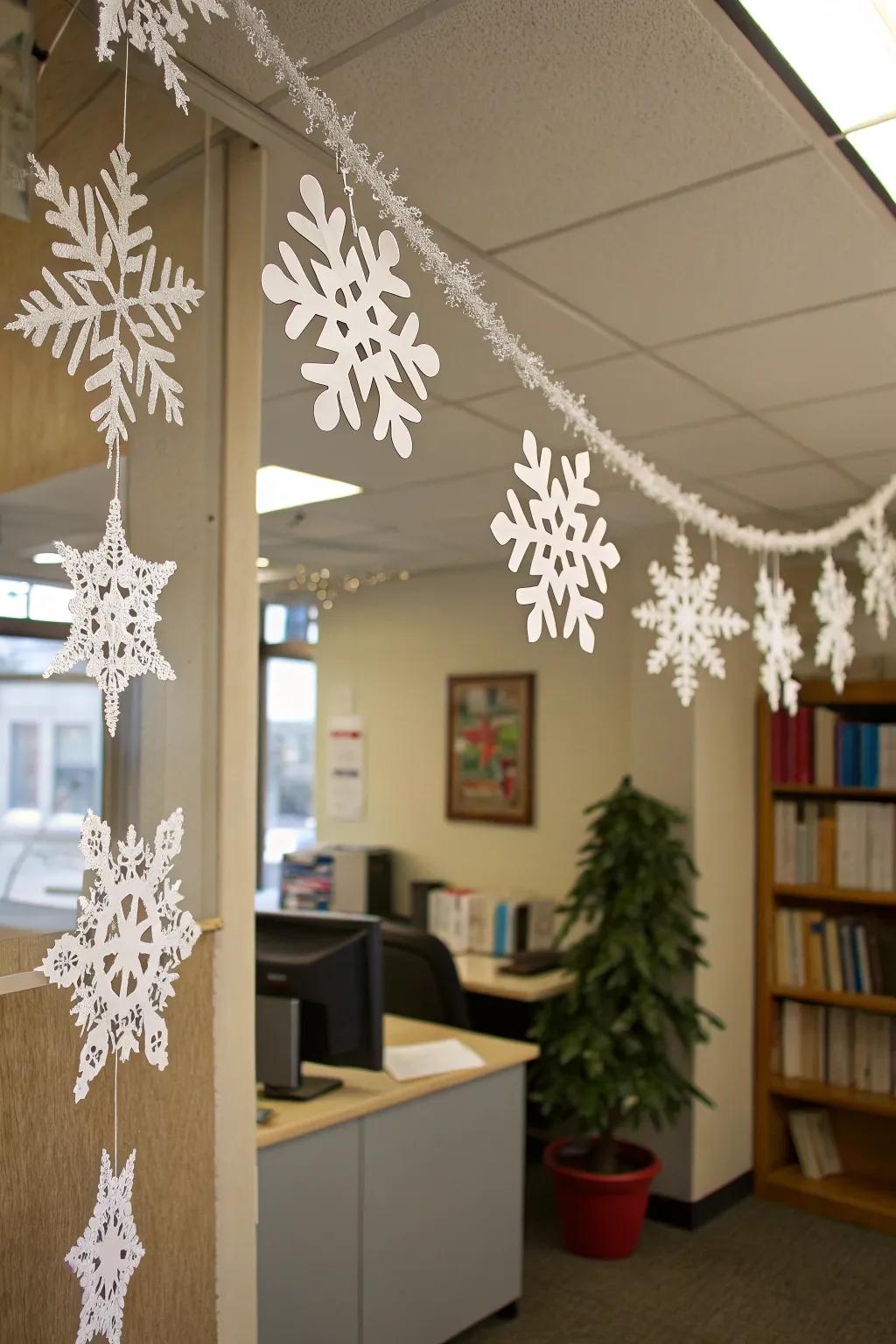 Handcrafted frosty pattern garland contributes a touch of winter to your workspace.
