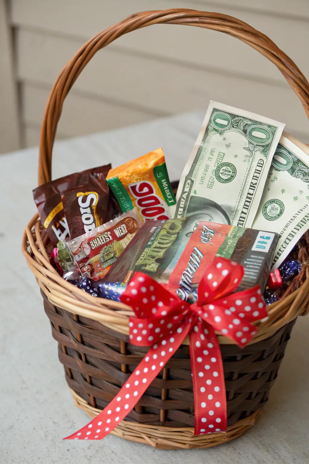Confectionery wrappers contribute a playful variation to currency presents.