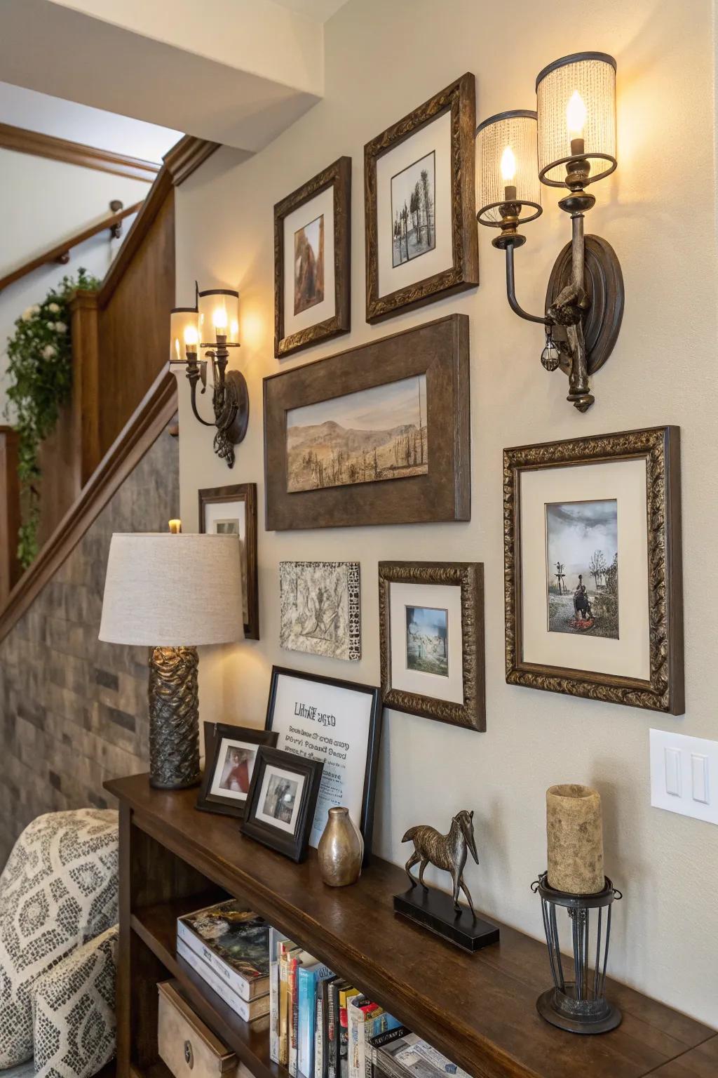 Mixing ornamental touches with pictures can improve visual interest.
