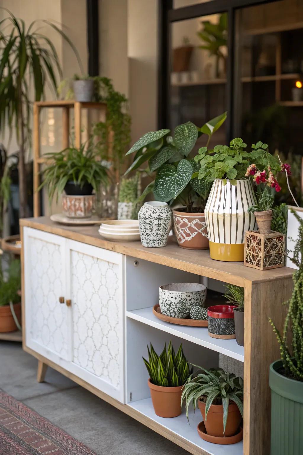 A display cabinet beautifully enhanced with greenery.