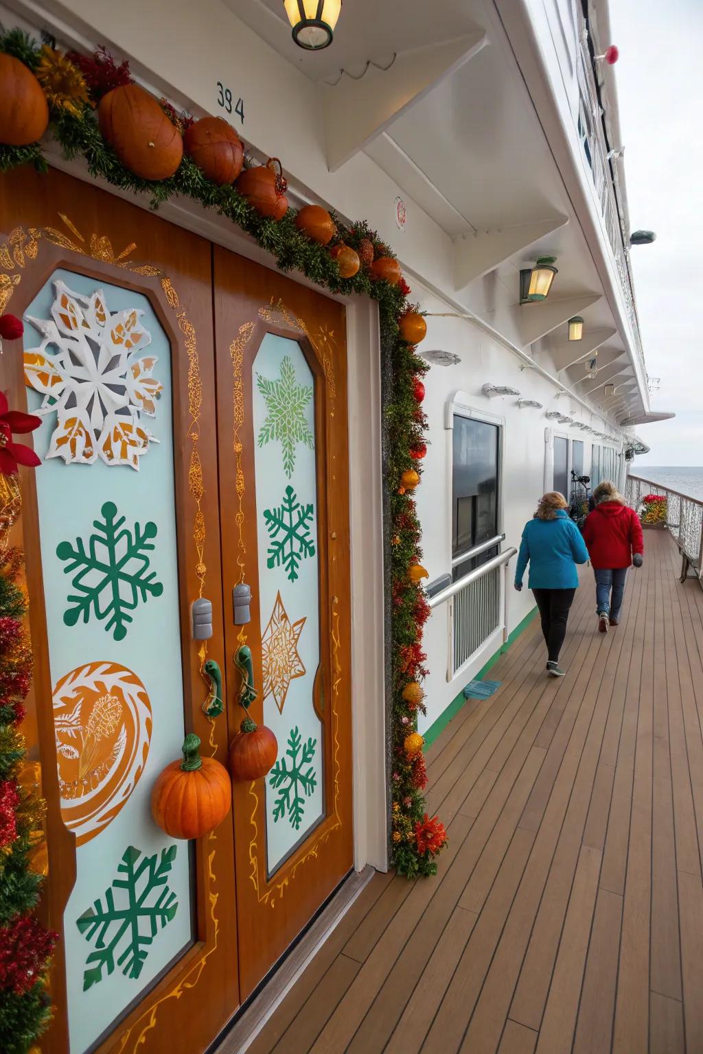 Bring festive joy to your cruise with holiday doorway decorations.