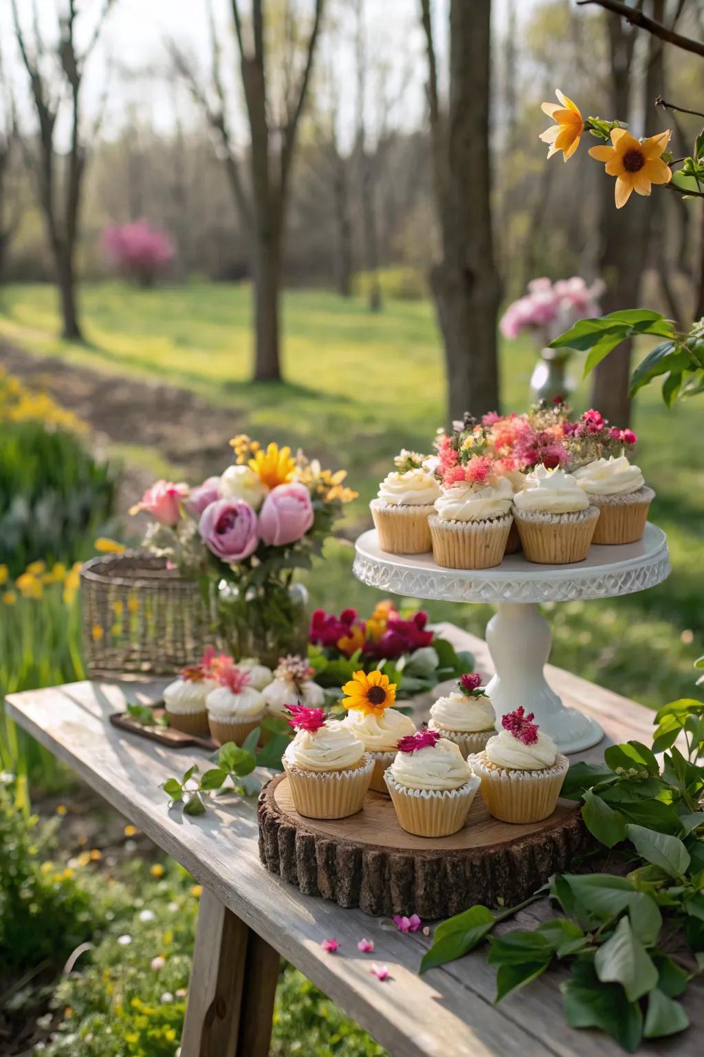 A garden setting improves the organic feel of the cupcake display.