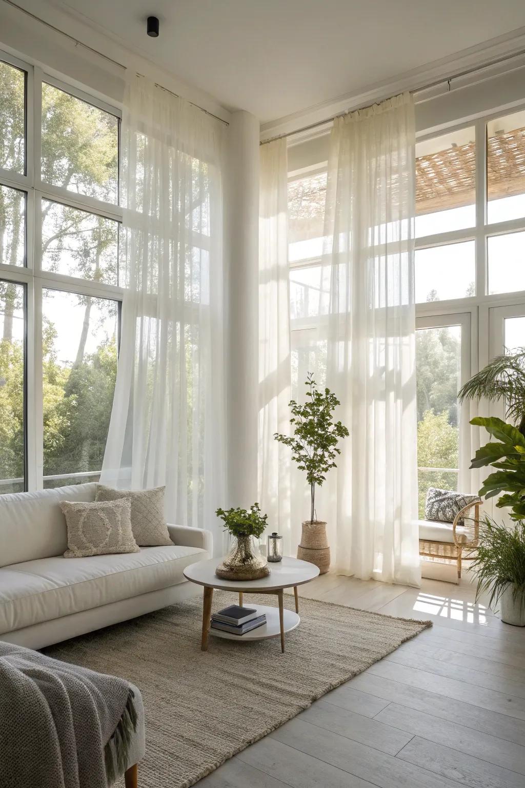 Translucent drapes offer solitude while maintaining the area's bright and breezy feel.