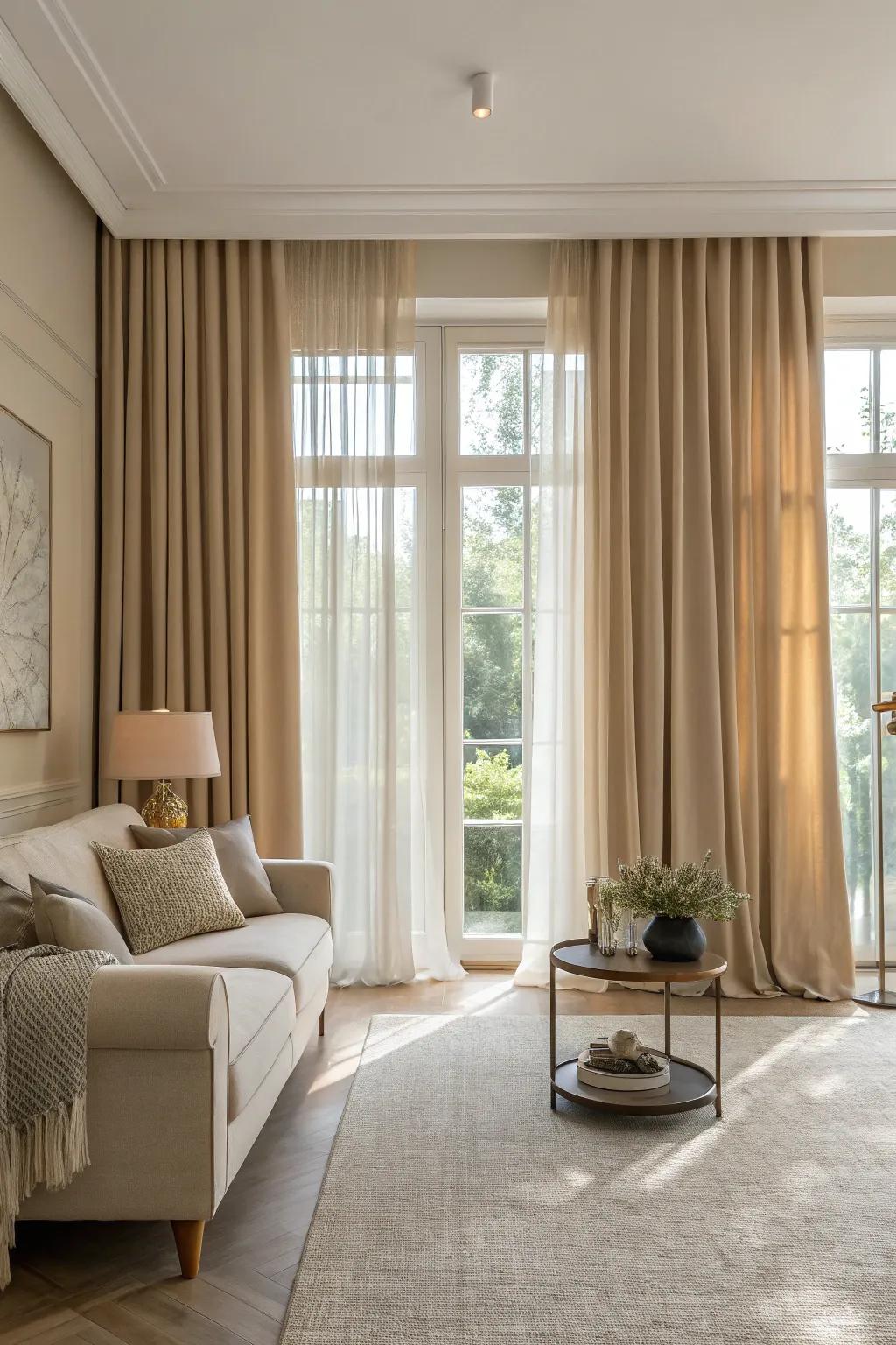 Neutral hues create a sophisticated ambiance in the family room.