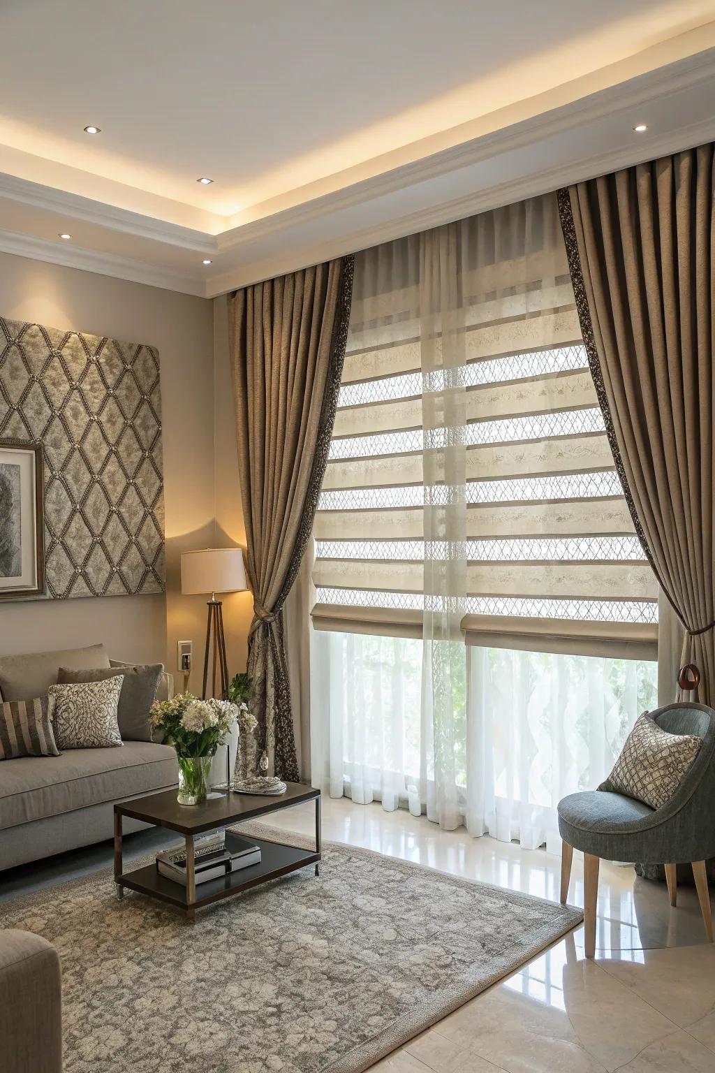 Layered window coverings bring feel and sophistication to your area.