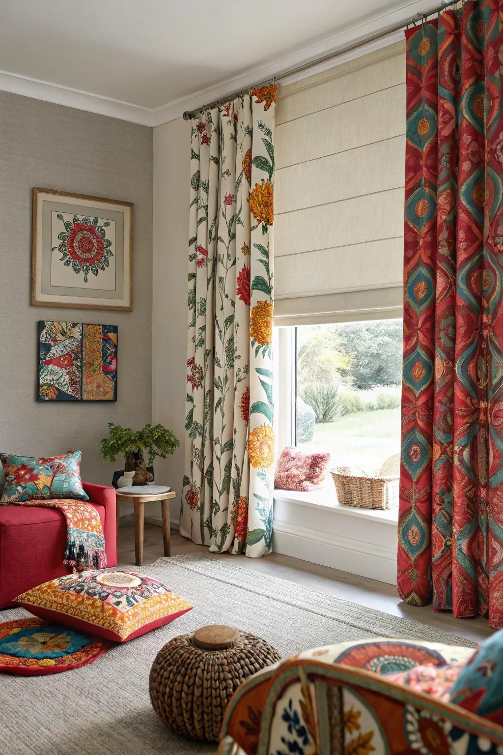 Striking patterns layered over understated blinds create a remarkable statement.