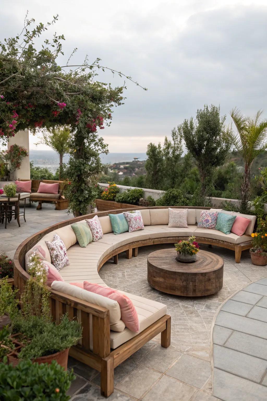 Comfortable bowed seating on a patio, impeccable for leisure and discourse.