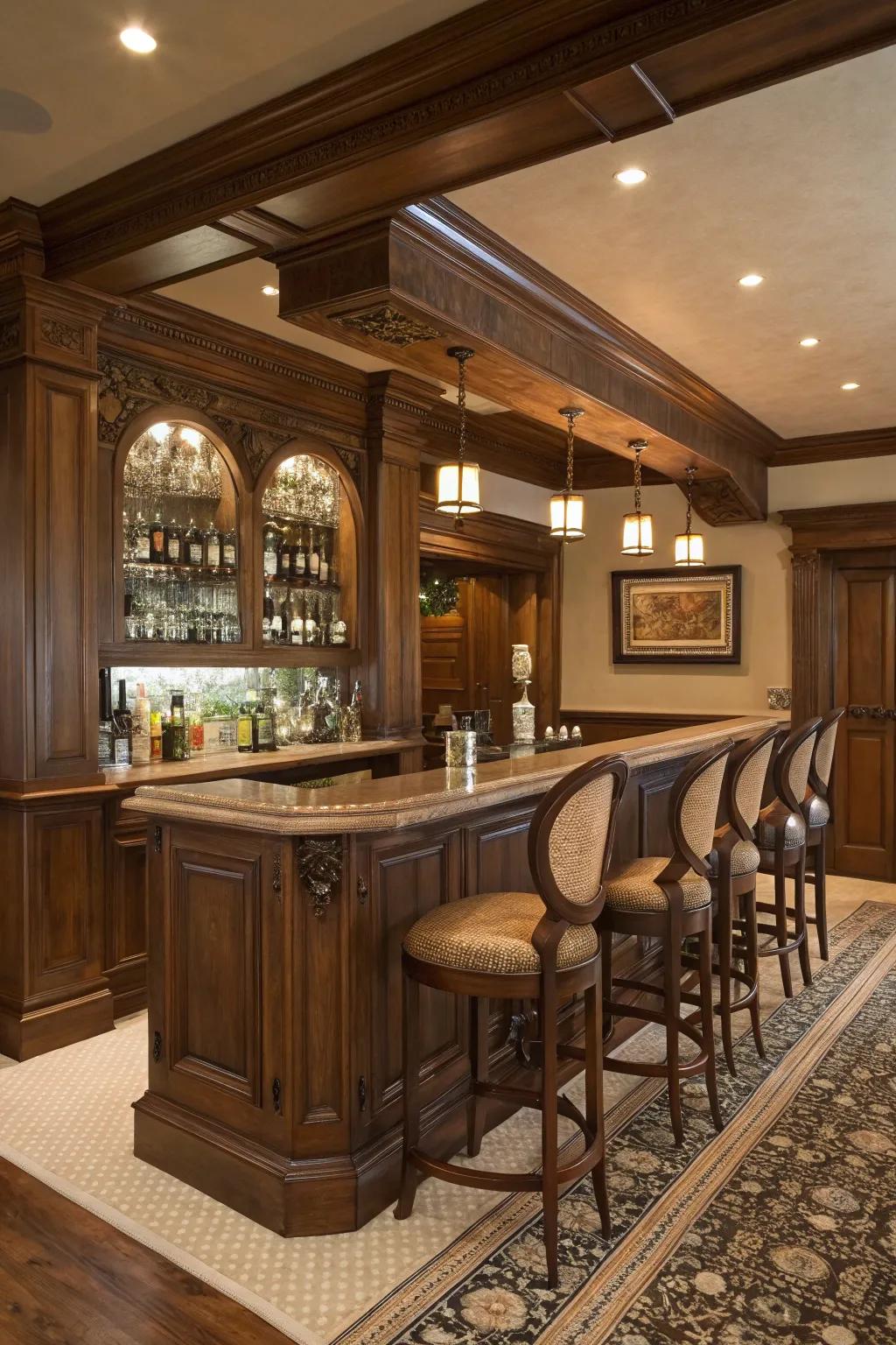 A traditional home bar featuring deep wood hues and classic sophistication.
