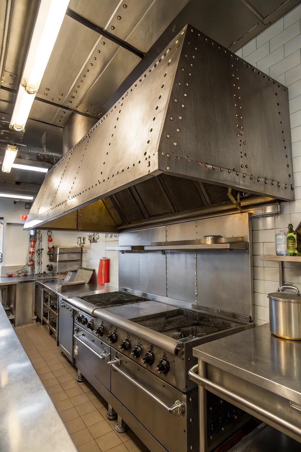 Metal fume hoods inject an industrial edge into kitchen designs.