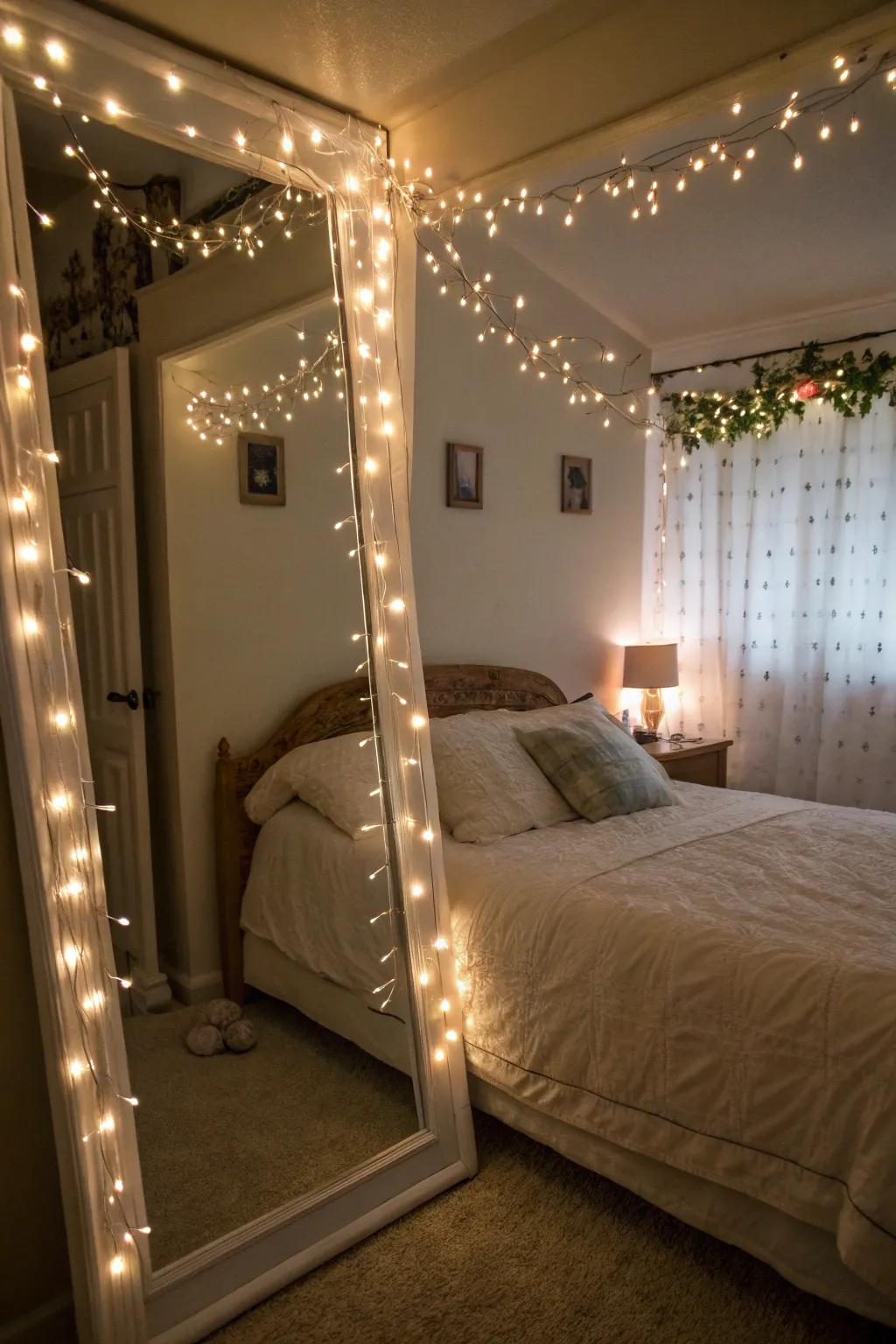 Bedroom radiating a magical glow from tiny sparkling lights.