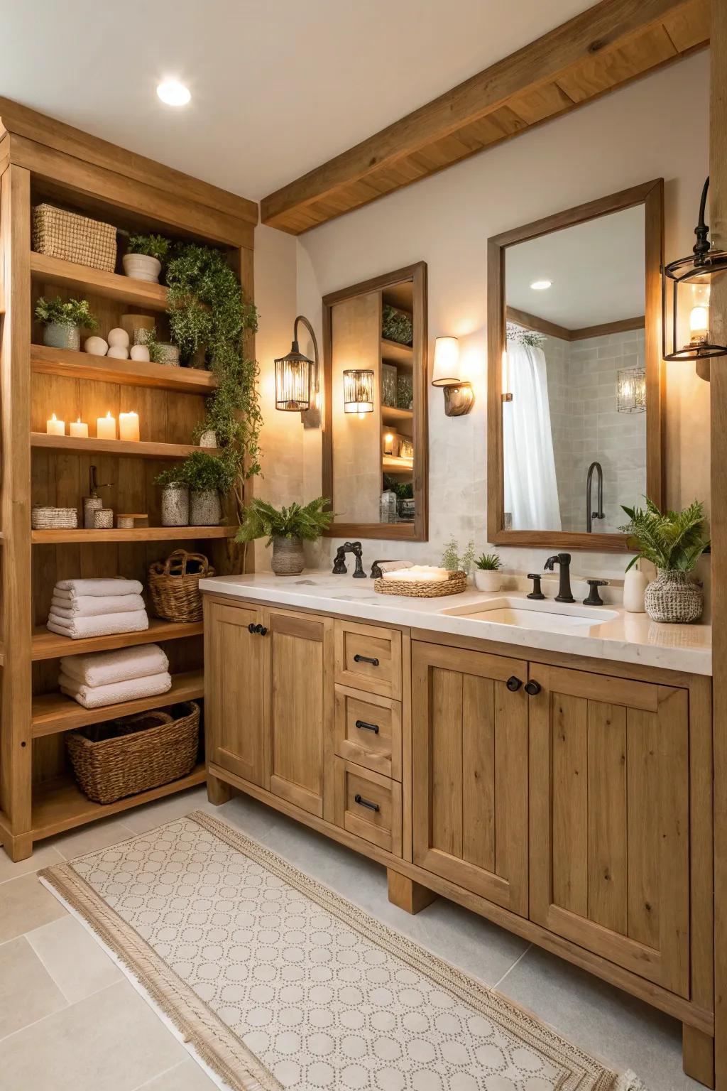 The incorporation of natural wood elements brings a cozy and textured feel to your restroom.