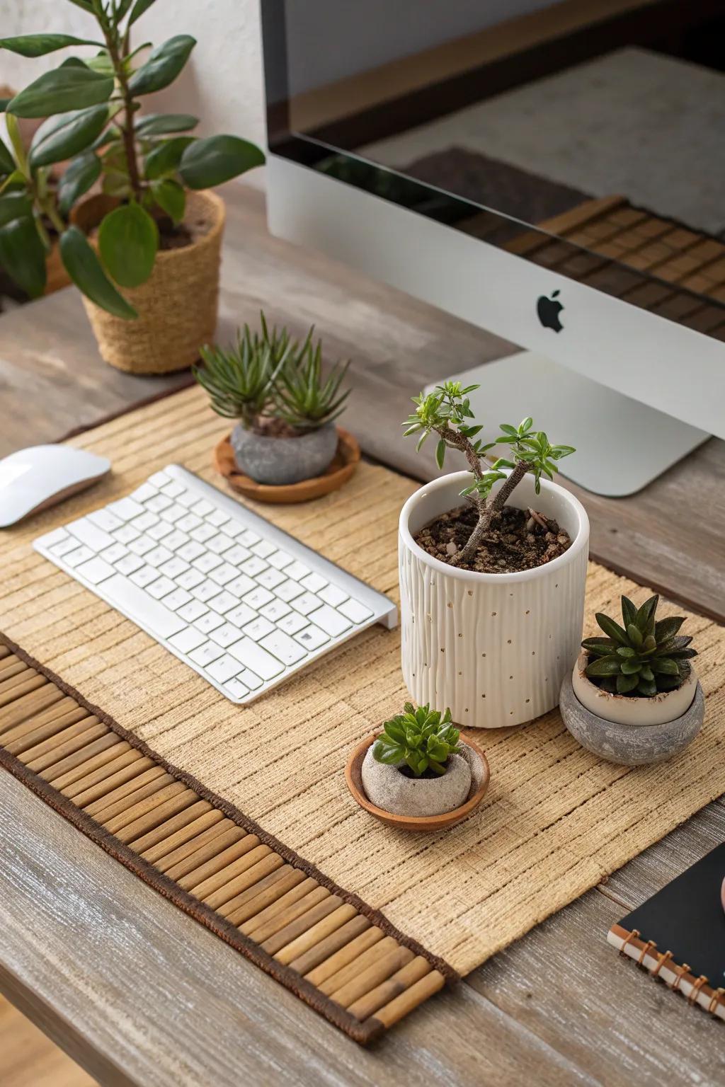 A desk showcasing small plants and a wood-like mat for a serene arrangement.