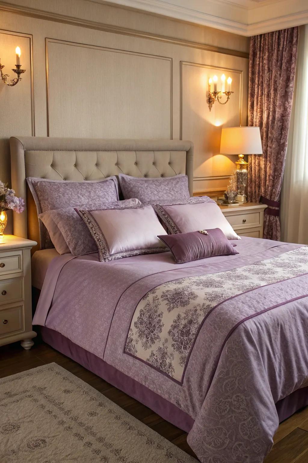 Opulent violet bedding crafting a cozy escape.