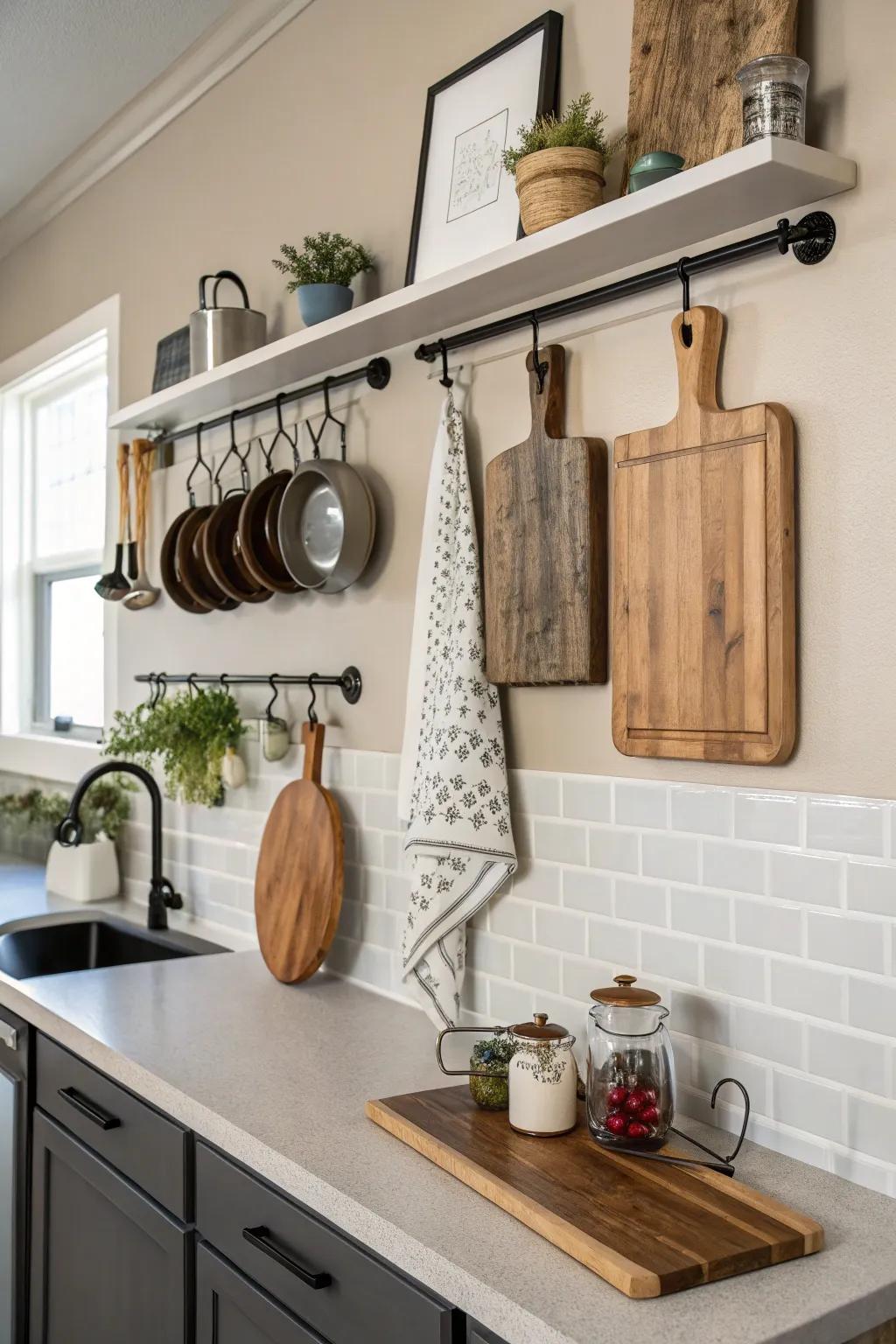Wall-mounted stands for presenting chopping surfaces beautifully.