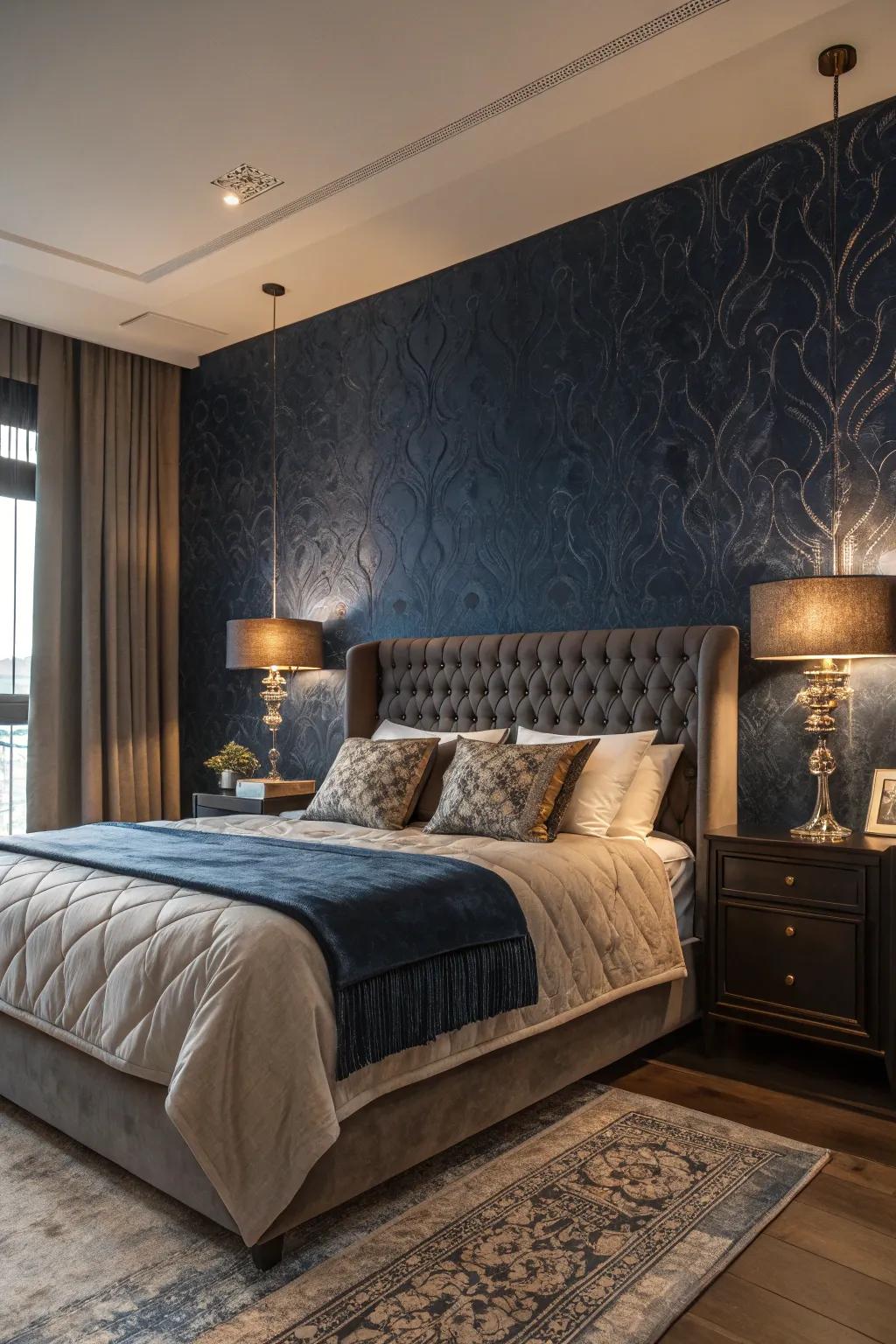 Textured navy wallpaper enhances the richness of your room.