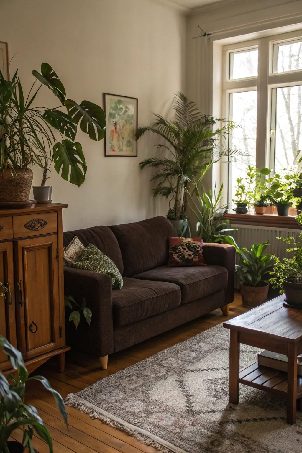 Natural accents enhance the inviting tones of a deep chocolate couch.