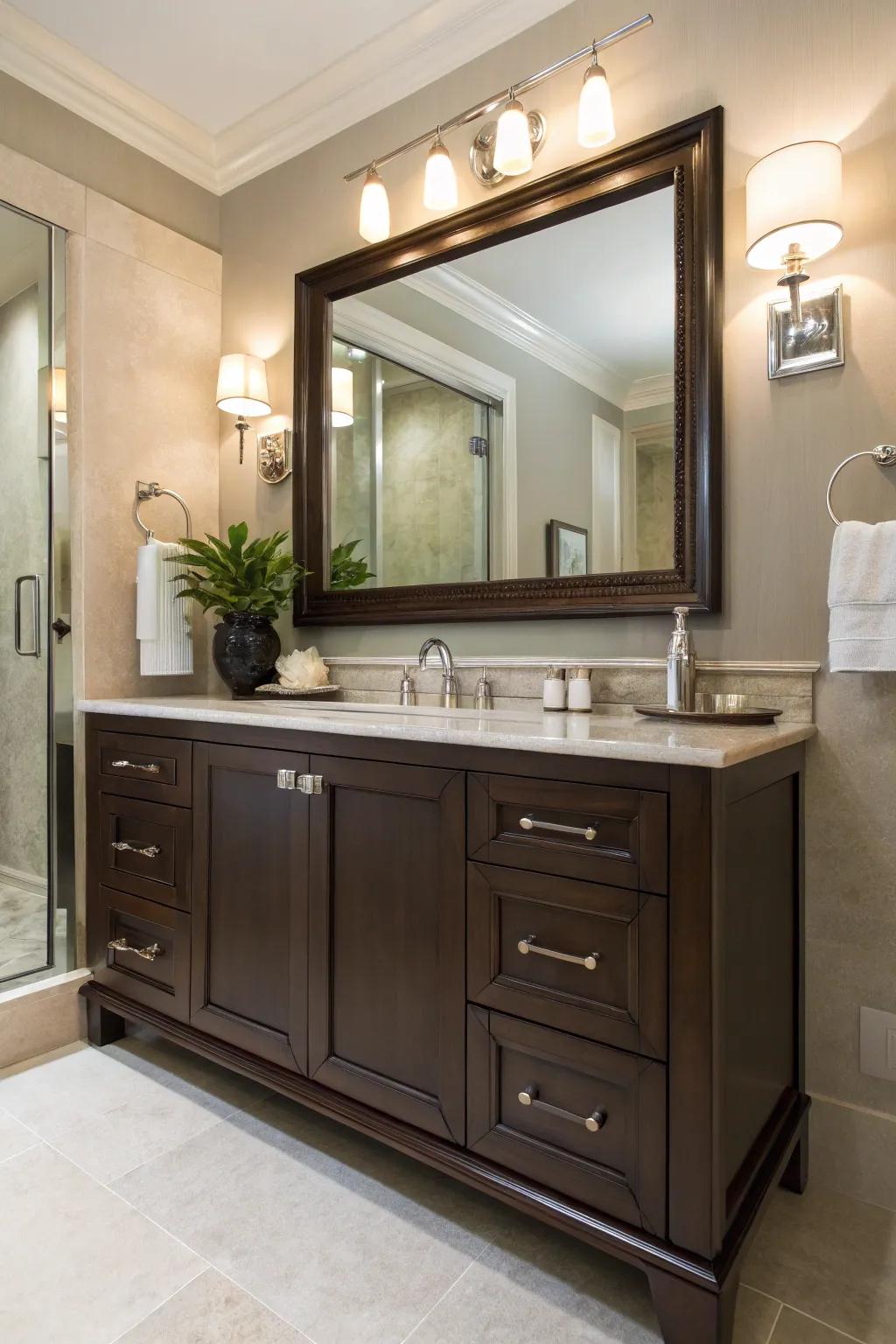 Shiny accents amplify the sophistication of a deep cocoa dressing table.