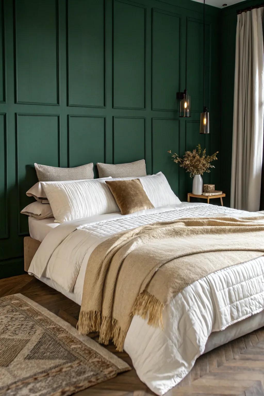 A shaded-green bedroom presenting graded bedding throughout snow white and beige hues.
