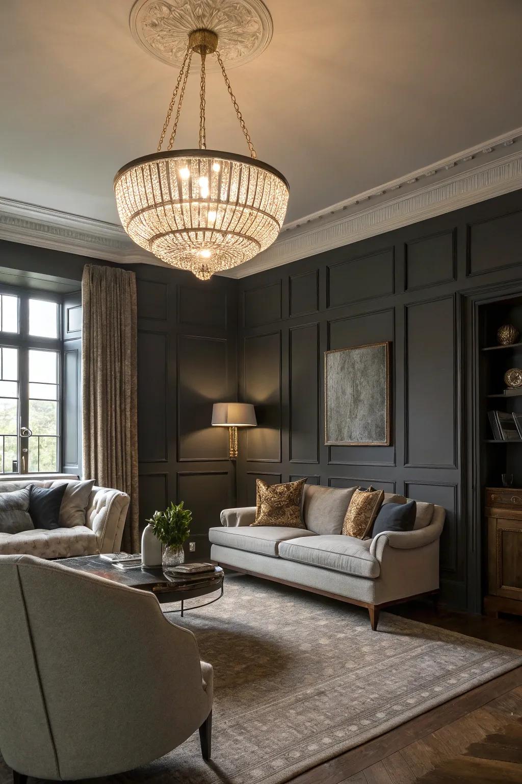 Statement lighting improving the atmosphere of a deep charcoal space.