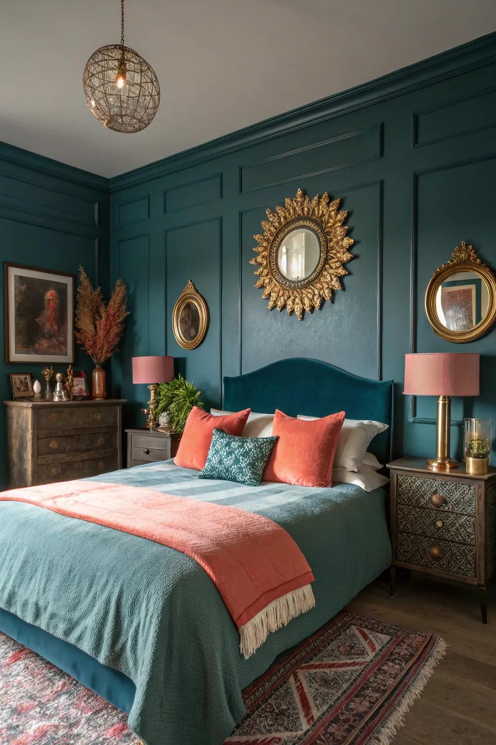 Apricot and gilded details infuse vigor into deep teal.