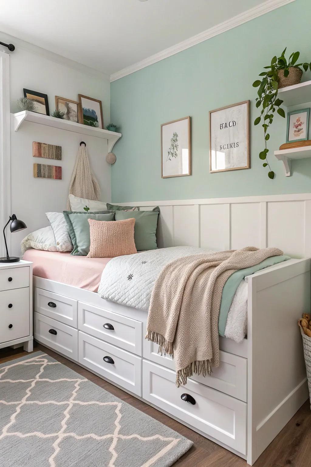 A daybed conceived with space conservation in mind, boasting integrated storage capabilities, an ideal solution for more diminutive quarters.