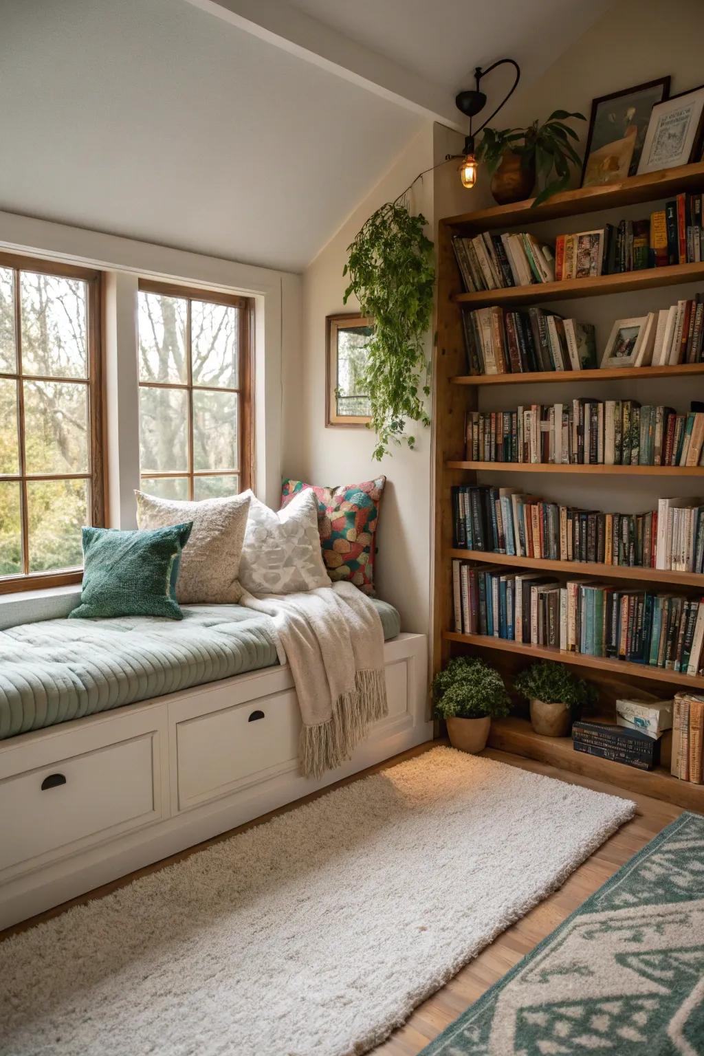 An inviting reading corner featuring a daybed, an idyllic setting for book enthusiasts.