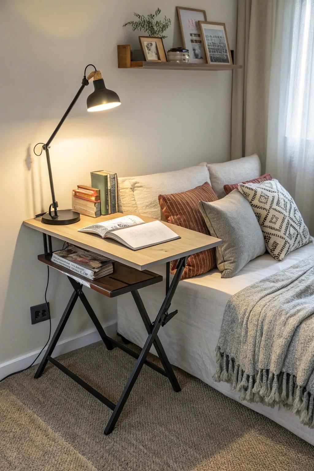 A foldable desk provides flexibility and effectiveness in a reduced space.