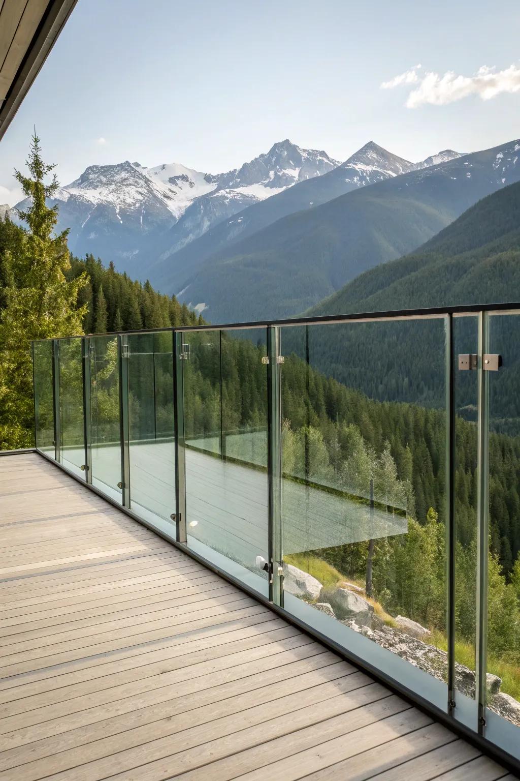 A scenic deck with glass wall balustrades, providing unobstructed views of majestic mountains.