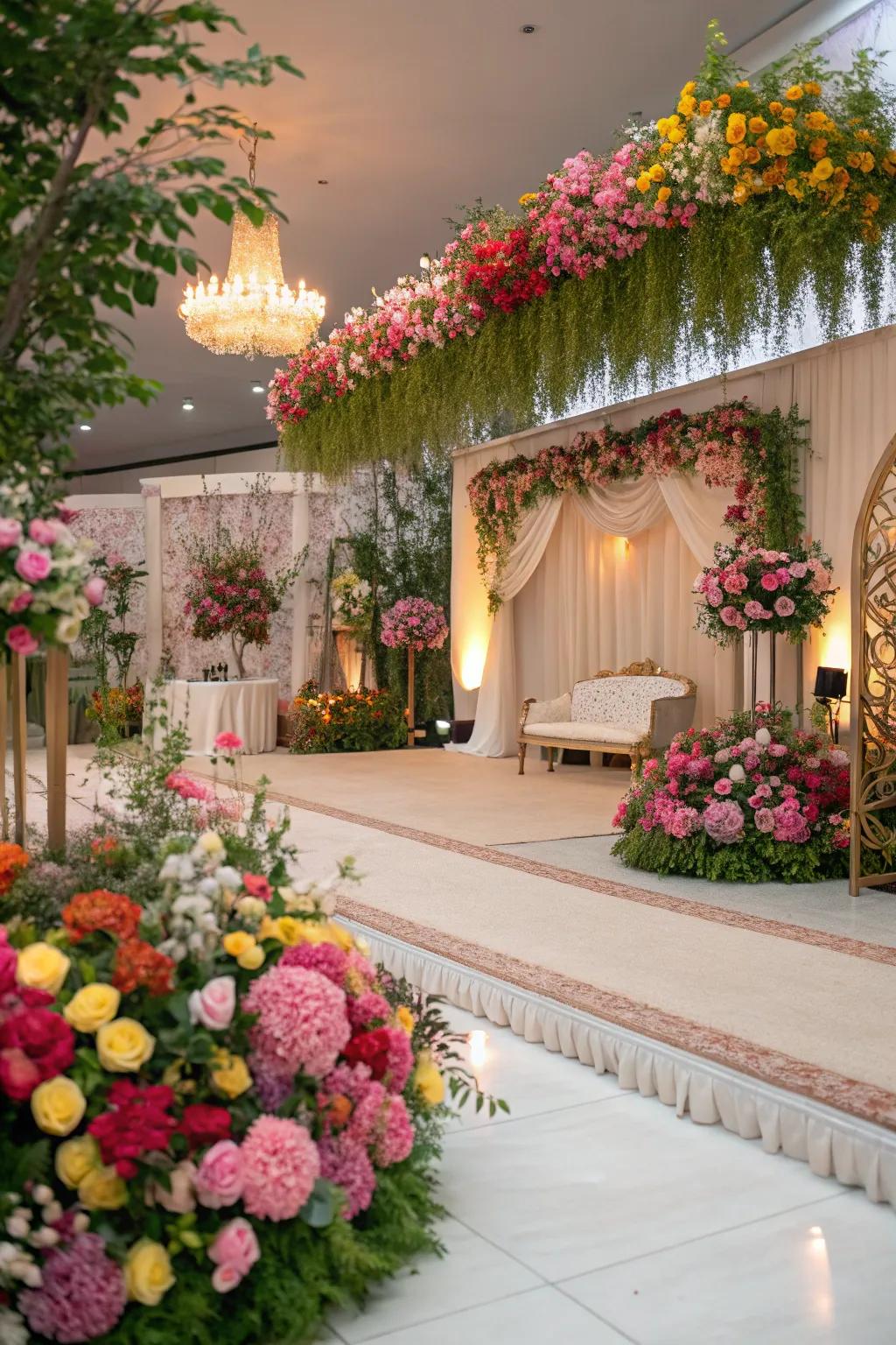 Lively flower compositions introducing refinement to a wedding locale.