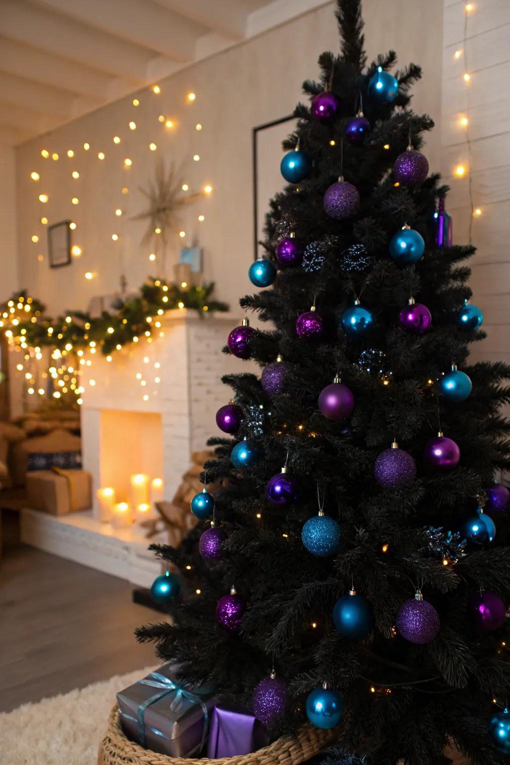 A daring ebony holiday fir with vibrant decorations.
