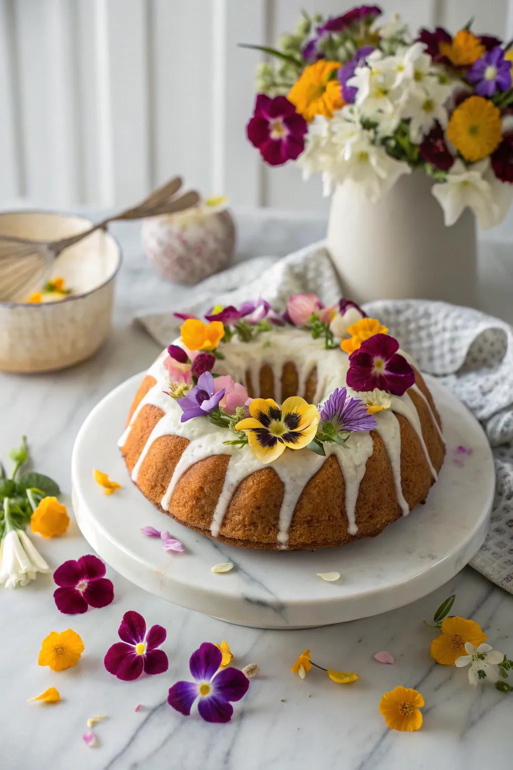 A ring cake tastefully embellished with edible blossoms.