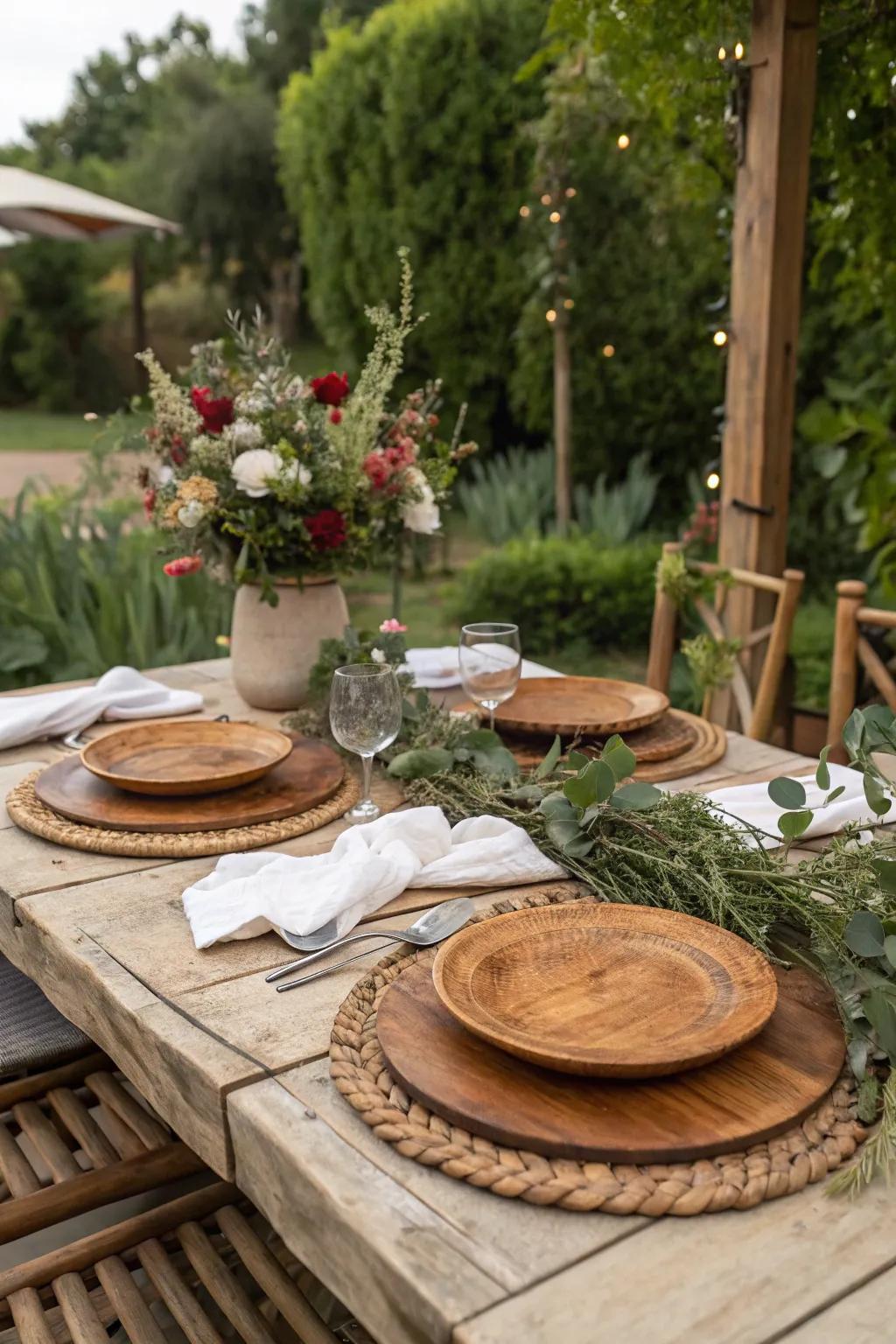 Rustic timber charger plates are a great fit for a relaxed outdoor meal.