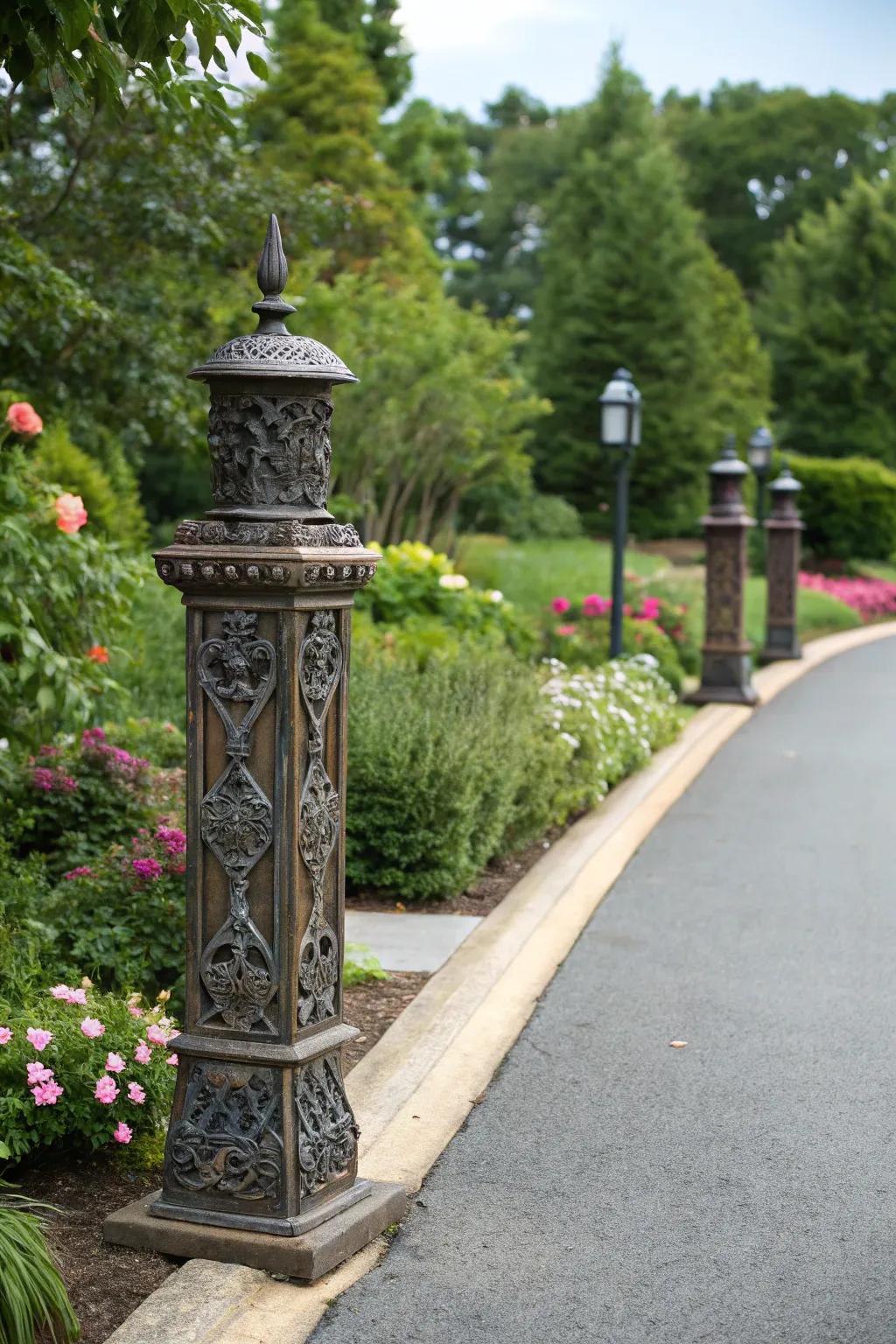 Elaborate metal posts inject sophistication into any driveway.