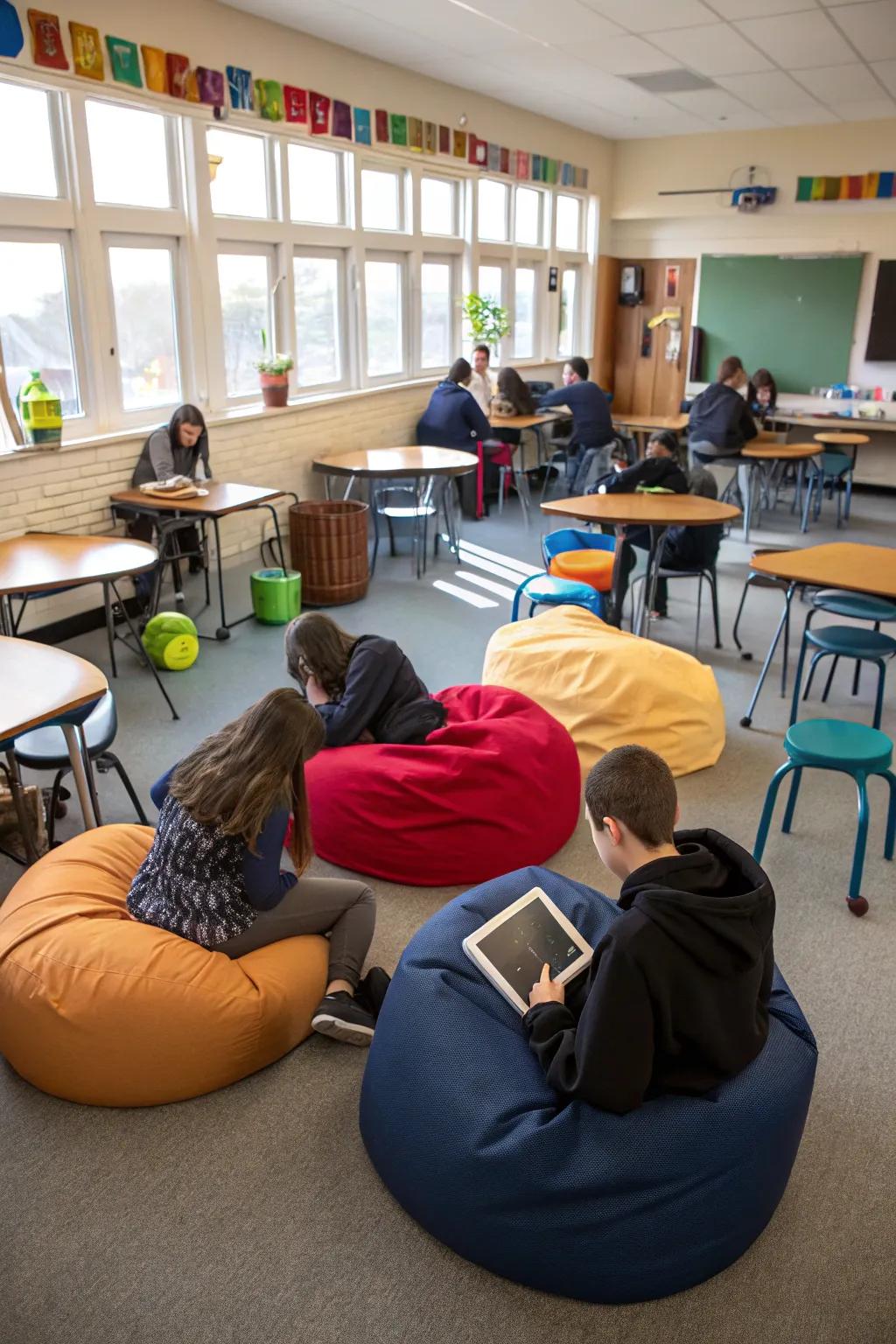 Adaptable seating arrangements accommodate various learning preferences.