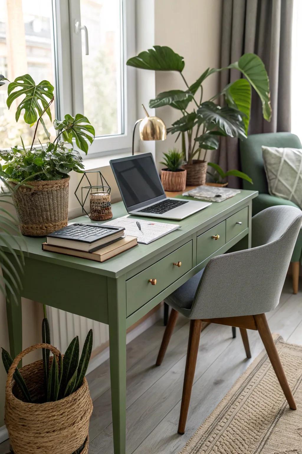 Botanical green desks boost focus and innovative thinking.