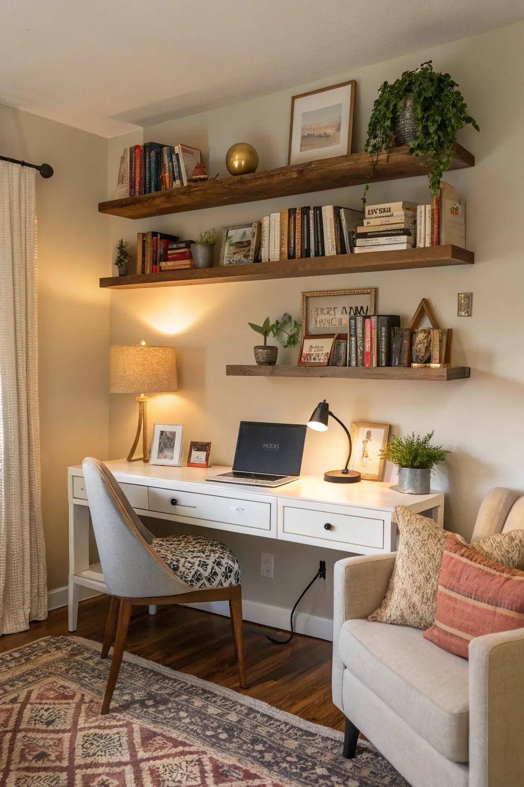 Floating shelves offer fashionable storage options for living room workspaces.