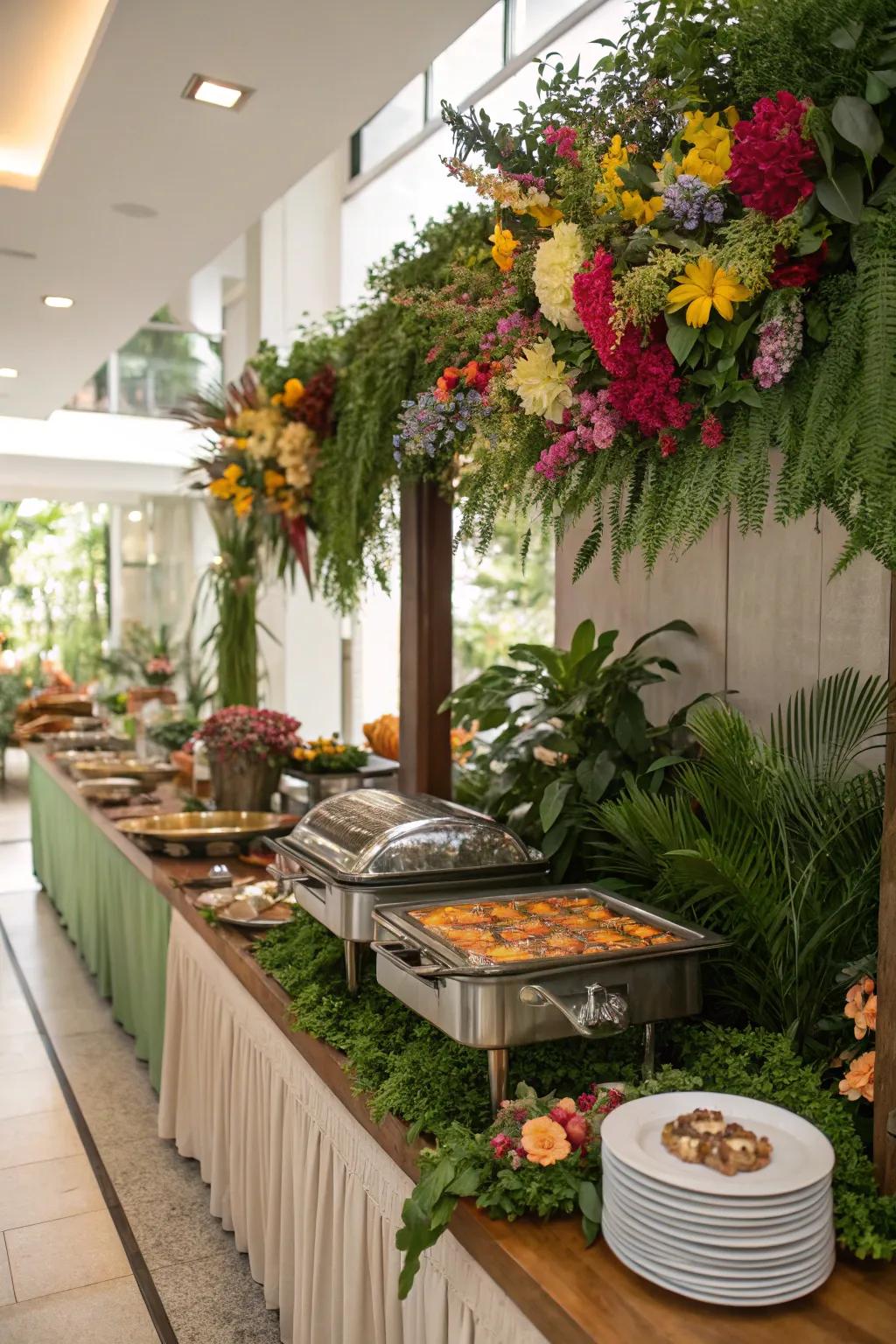 Vibrant flora and greenery enliven this buffet.