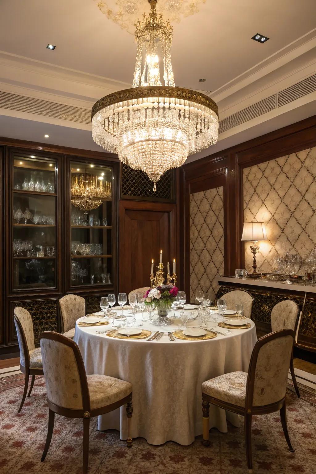 Crystal chandeliers bring in a hint of glamour and sophistication.