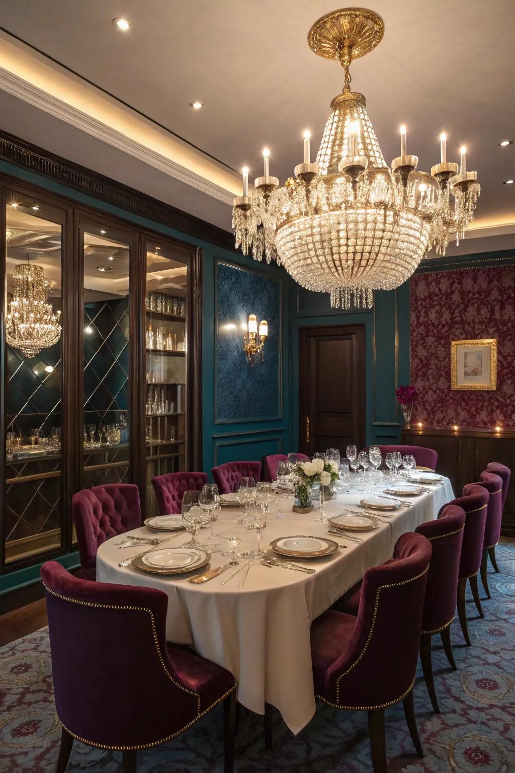 A grand dining space enhanced with vibrant gem hues.