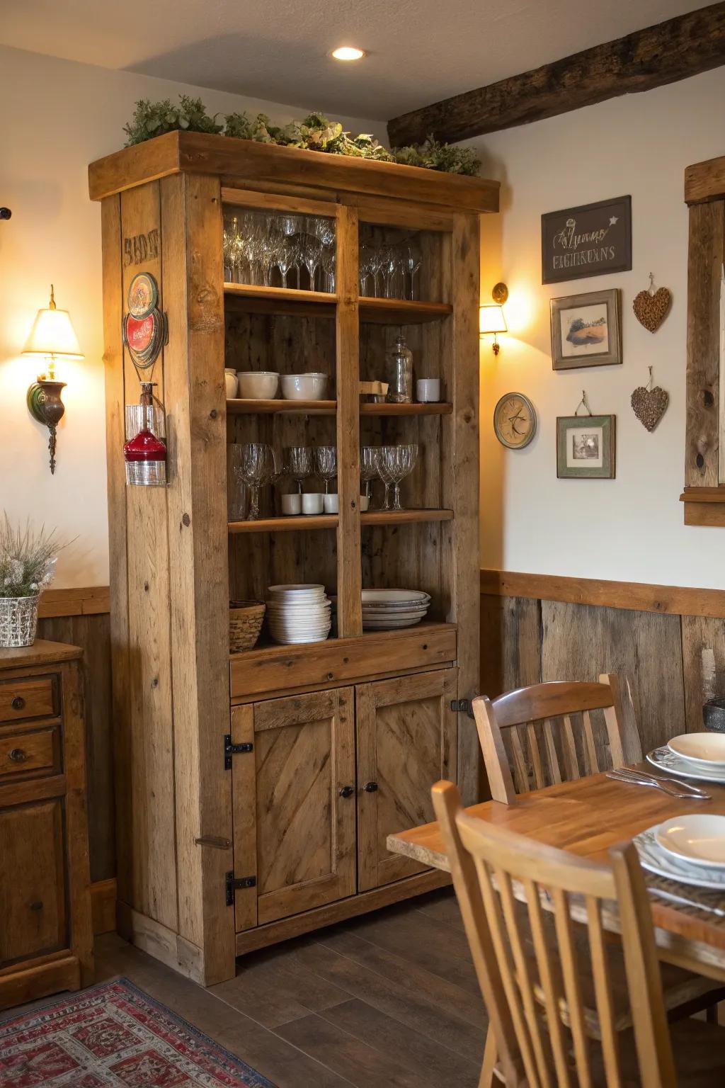 Infuse warmth with a country-style, repurposed lumber cabinet.