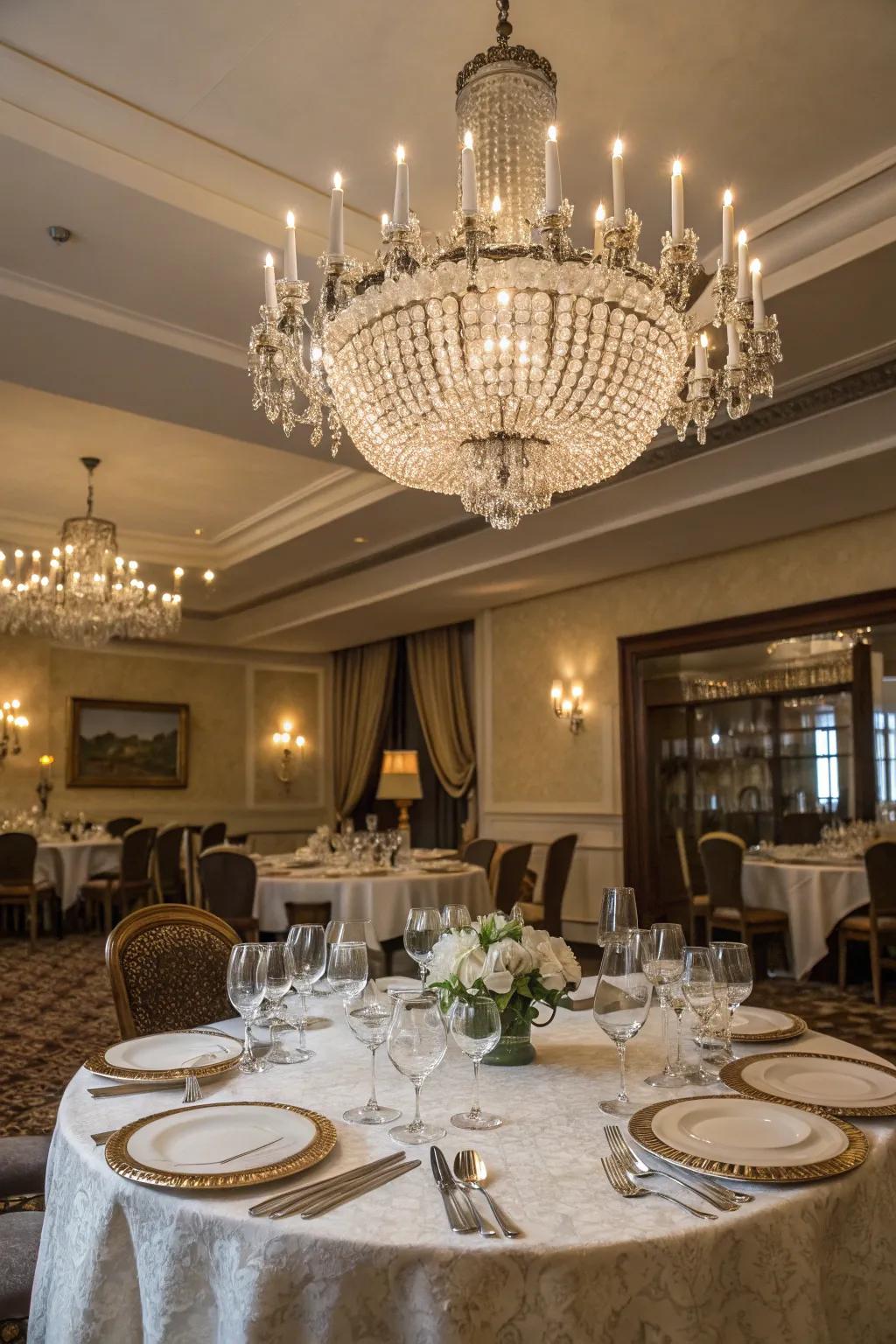 Elegance abounds with chandeliers and fine tableware, creating a sophisticated dining experience.