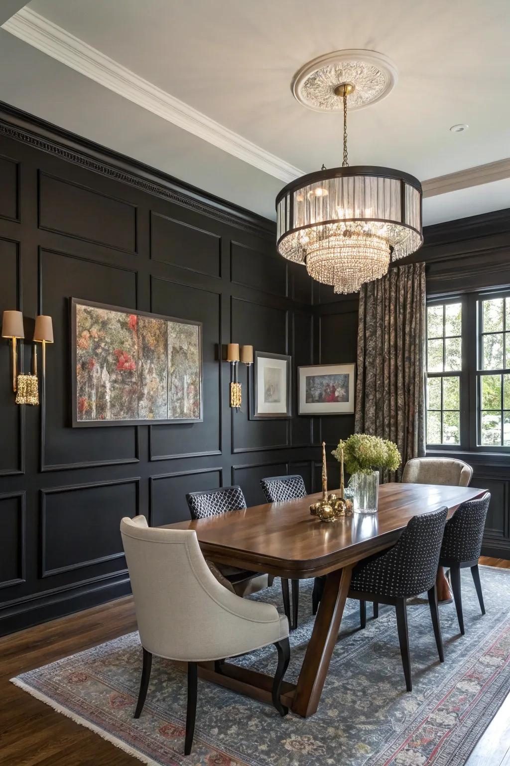 Jet wainscoting creates a striking, fashionable statement within this dining space.