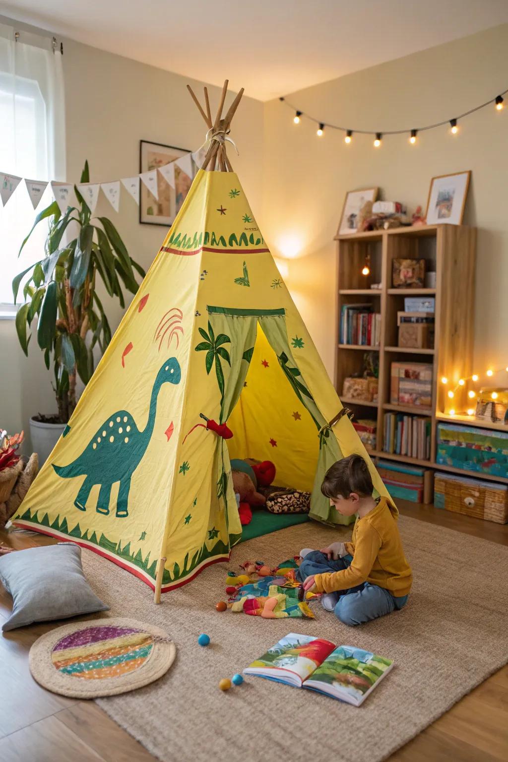 A fun dinosaur-themed teepee, offering a cozy sanctuary for young adventurers.