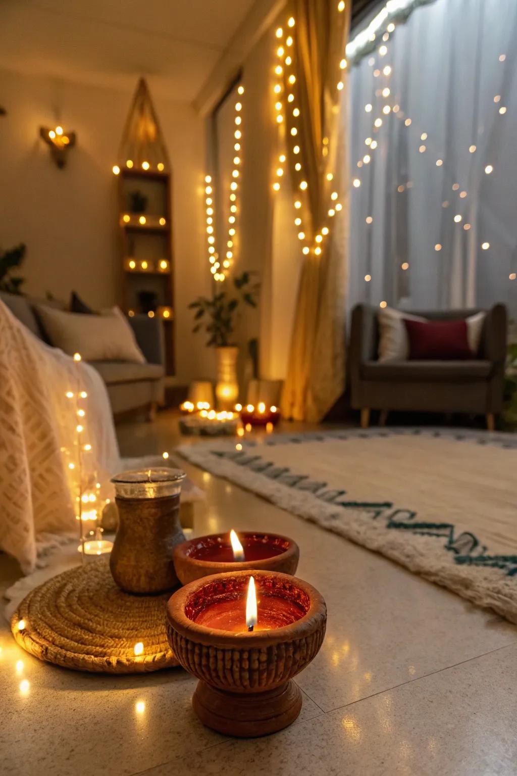 Integrating earthen lamps and fairy lights for a captivating radiance.